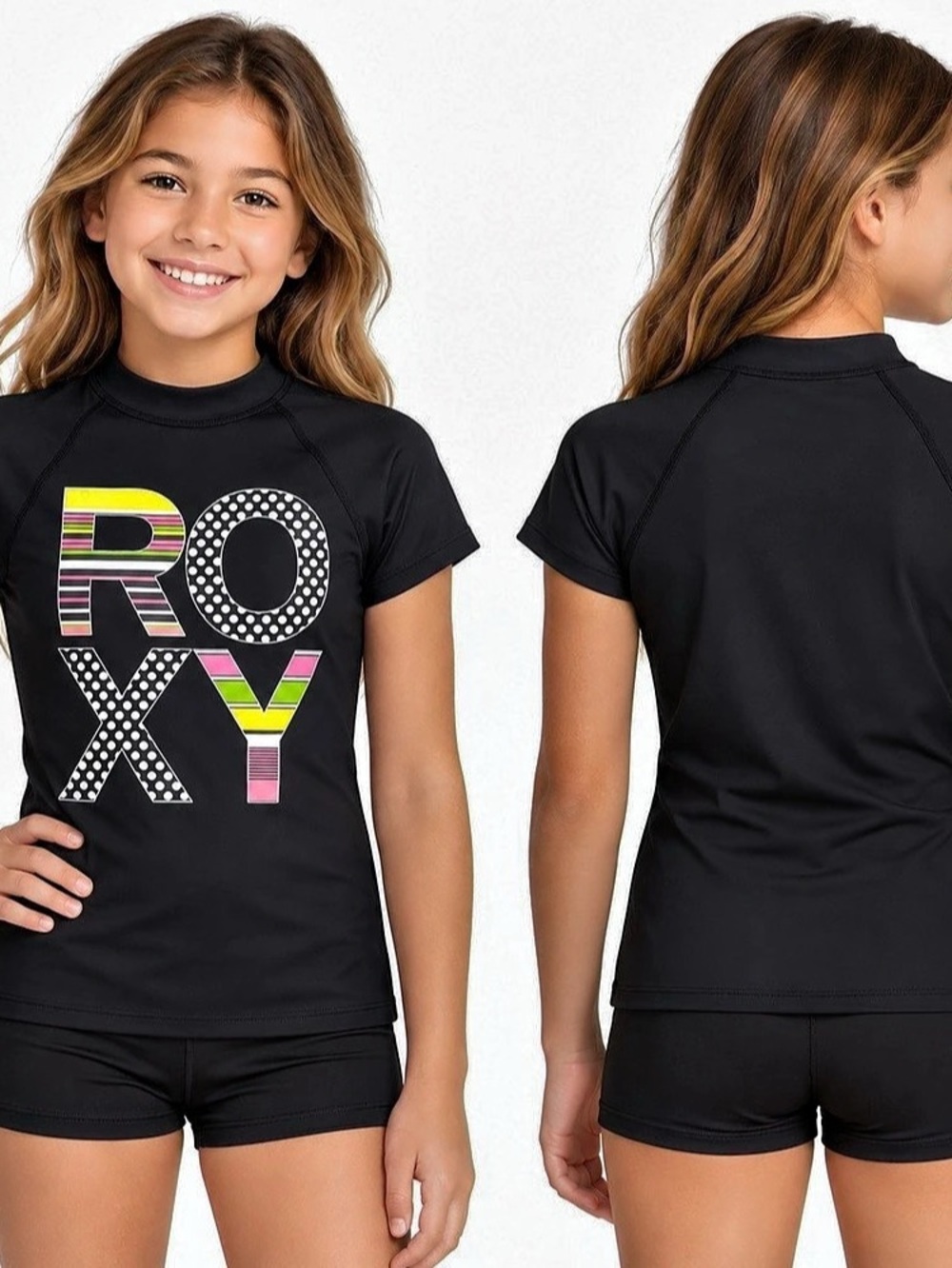 Roxy Girls Black Short Sleeve Rashguard Swim Shirt Graphic Logo Size M 8/10Y